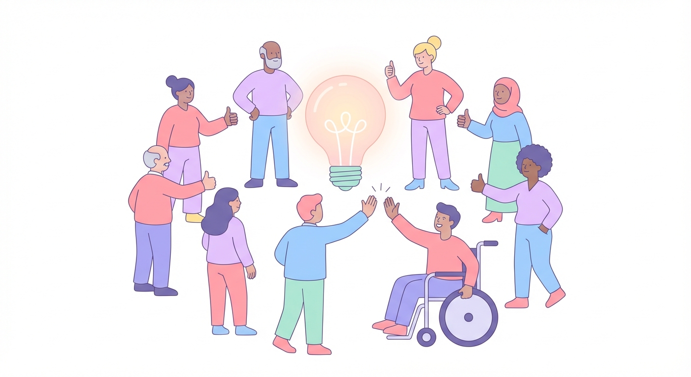 Community collaborating around a lightbulb